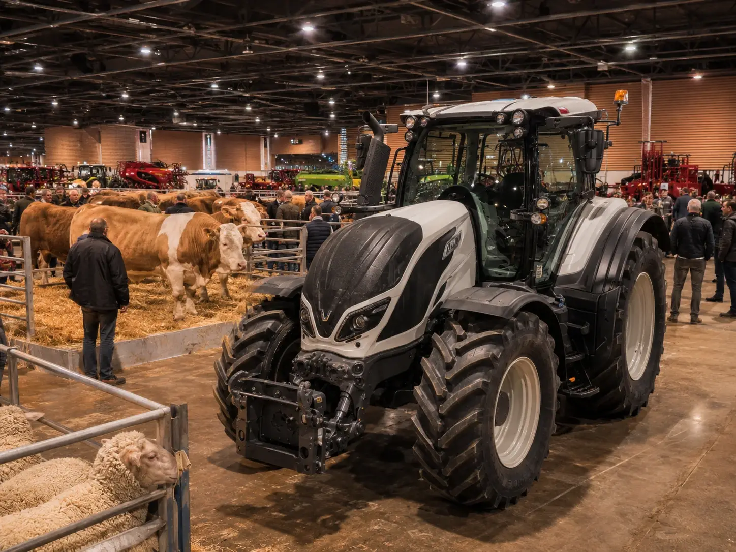 Tracteur Valtra blanc et noir expose dans un hall de salon agricole, avec bovins pie rouge, moutons et visiteurs